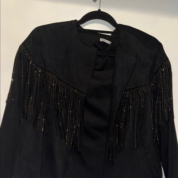 Zara Black faux suede Fringe Women's jacket - Picture 3 of 6